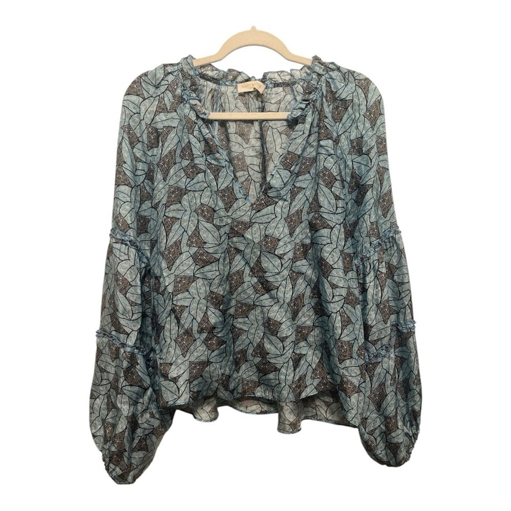 Ramy Brook‎ Top Multicolor Geometric Satin Balloon Sleeve Blue Blouse Size Small